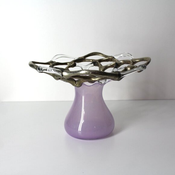 M Duca Hand Blown Mid-Century Glass Lattice Web Vase Gold Lavender Signed - Picture 3 of 16